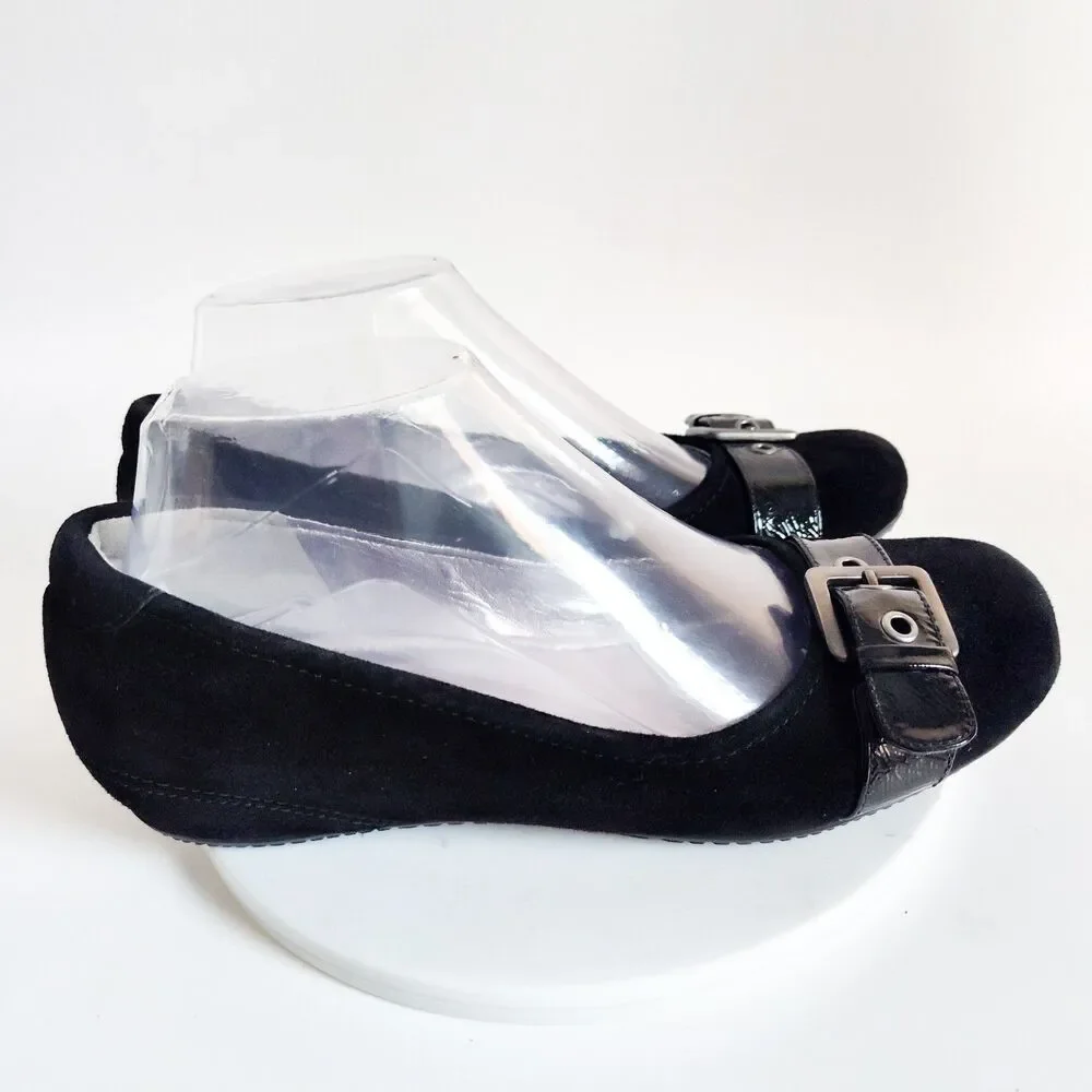 Ecco Flats Size 6 - 6.5 / 37 Suede Patent Leather Belt Buckle Black Comfort Shoe